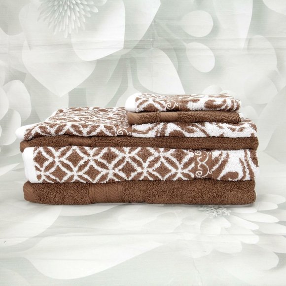 Modernthreads Designer Trefoil Brown/White 6 Piece Towel Set - Picture 4 of 11